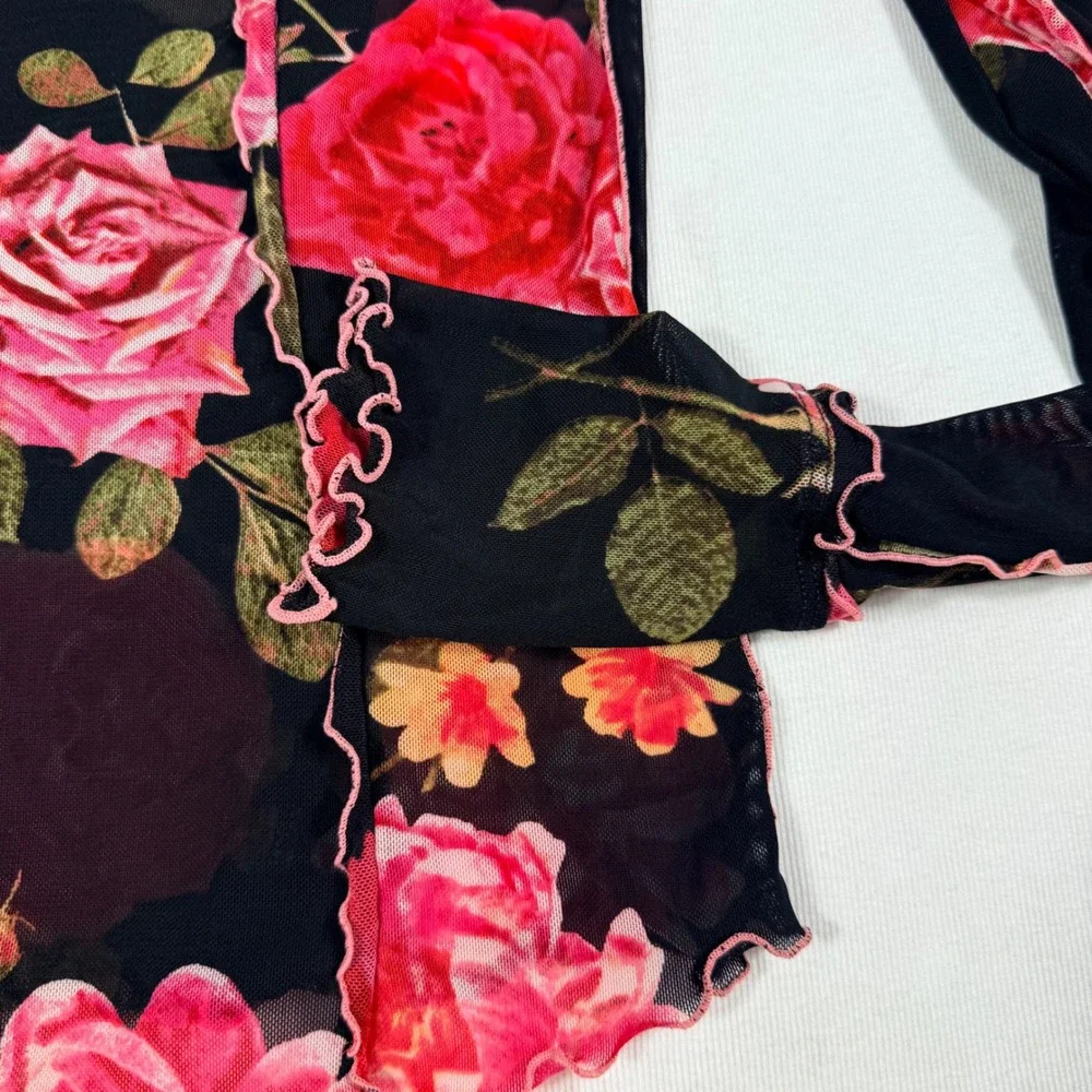 Free People Mesh Top S Black Red Floral Rose Sheer L/sleeve dark romancgoth